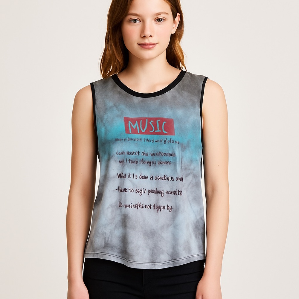 Black Matter Sleeveless T-Shirt with MUSIC tie-dye ombré fade. A 5